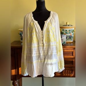 Free People, L Woman’s Long Sleeve Shirt, Yellow Cross Stitching. Shirt is Thin